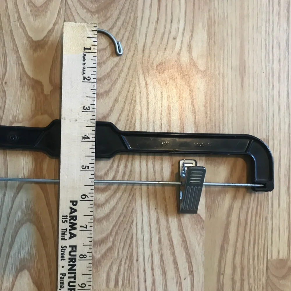 Black Plastic Hangers w/Clips. Set of 11. 14” long. For Skirts, Pants, Slacks.